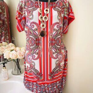 Women's Dress XL 14W, sleeveless, stretch, orange green white sundress office